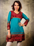 Style yourself up with this unique and smart blue kurti.
It has a classy combination of velvet patch work on the centre, base and the sleeves.
The kurti looks smart and trendy with a stylish pair of cream colored pants or oother light shaded pants.
Suitable for any kind of casual wear and occasions.
