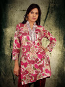 Cotton print kurti with sequence lace and jari lace work on neck and wrist