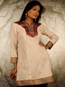 Crush fabric kurti with banarsi work and simmer patch work and ribbon lace work