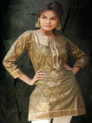 Cambric gold print kurti with brocket work on wrist and ribbon lace work