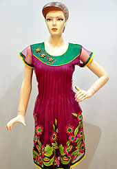 Designer net kurti is beautified with amazing floral velvet patch work on bottom with fabric lace border on sleeves and bottom. Mixing of colors give a different look. Green patch on neckline has embroidery flowers with beads work is attractive. It’s a perty wear drape. Slight Color variations are possible due to differing screen and photograph resolutions.