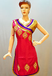 This designer cotton kurti is nicely designed with beautiful embroidery patch with stylish neckline brocade patch work. Its gives you a modern and ethnic look. embroidery is done with resham, stone and sequins. Color of this kurti is magenta. It’s a party wear drape. Slight Color variations are possible due to differing screen and photograph resolutions.