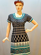 Arresting and beautiful cotton kurti is nicely designed with urban pattern butti print work . color mixing in bottom is graceful. Color of kurti is black and sky blue. It’s a casual wear drape. Slight Color variations are possible due to differing screen and photograph resolutions.