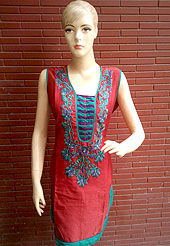A Stylish cotton kurti is nicely designed with thread worked floral embroidery patch with sequins and piping work on neckline. This kurti is used for casual and party purpose. Nice mixing of colors and work make different to others. Another colors of this kurti shown in image. Slight Color variations are possible due to differing screen and photograph resolutions.