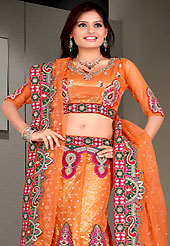 Today’s fashion is really about sensuality which can be seen in this creation. This orange lehenga choli is nicely embroidered and patch work done with  resham, zari, sequins and stone work in form of floral motifs. All over embroidery work on lehenga is stunning. The beautiful embroidery on lehenga made it awesome and gives you stylish and attractive look to others. Matching and dupatta is availble with this lehenga. Slight Color variations are possible due to differing screen and photograph resolutions.