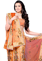 Make your collection more attractive and charming with this impressive dress. This orange net and dupion silk A-Line lehenga choli is nicely embroidered and patch work done with resham, zari, stone and sequins work in form of floral and paisley motifs. All over embroidery work on lehenga is stunning. The beautiful embroidery on lehenga made it awesome and gives you stylish and attractive look to others. Matching choli and dupatta is availble with this lehenga. Slight Color variations are possible due to differing screen and photograph resolutions.