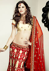 Let your personality speak for you this bridal lehenga embellished with embroidery work. This dark cream and red net lehenga choli is nicely embroidered patch work done with resham, zari, sequins and stone work in form of floral and paisley motifs. The beautiful embroidery on lehenga made it awesome and gives you stylish and attractive look to others. Matching cream choli and red net dupatta is availble with this lehenga. Choli can be customized upto 42 inches. Slight Color variations are possible due to differing screen and photograph resolutions.