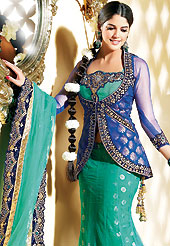 Today’s fashion is really about sensuality which can be seen in this creation. This blue and sea green net jacket style lehenga choli is nicely embroidered and velvet patch border is done with resham, zari, sequins and stone work. The beautiful embroidery on lehenga made it awesome and gives you stylish and attractive look to others. Matching choli, dupatta and contrasting blue net jacket is availble with this lehenga. Slight Color variations are possible due to differing screen and photograph resolutions.