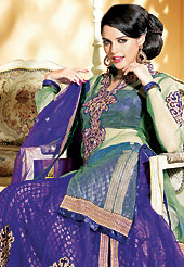 Embroidered lehengas are highly in order on a range of occasions such as wedding, formal party and festivals. This sea green and dark blue net jacket style lehenga choli is nicely embroidered and velvet patch border is done with zari, sequins, stone and lace work. The beautiful embroidery on lehenga made it awesome and gives you stylish and attractive look to others. Matching dupion choli, net dupatta and sea green net jacket is availble with this lehenga. Slight Color variations are possible due to differing screen and photograph resolutions.