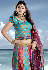 Take a look on the changing fashion of the season. This light blue and dark pink brocade lehenga choli is nicely embroidered patch work done with  resham, zari, sequins and stone work. Embroidery work on lehenga is stunning. The beautiful embroidery on lehenga made it awesome and gives you stylish and attractive look to others. Matching choli and burgundy net dupatta is availble with this lehenga. Slight Color variations are possible due to differing screen and photograph resolutions.