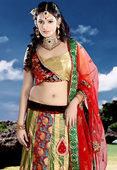 Today’s fashion is really about sensuality which can be seen in this creation. This fawn and red brocade and satin lehenga choli is nicely embroidered patch work done with  resham, sequins and stone work. Embroidery work on lehenga is stunning. The beautiful embroidery on lehenga made it awesome and gives you stylish and attractive look to others. Matching choli and red net dupatta is availble with this lehenga. Slight Color variations are possible due to differing screen and photograph resolutions.