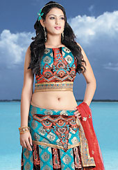 Elegance and innovation of designs crafted for you. This light blue and deep maroon brocade and velvet lehenga choli is nicely embroidered patch work done with  resham, sequins and lace work. Embroidery work on lehenga is stunning. The beautiful embroidery on lehenga made it awesome and gives you stylish and attractive look to others. Matching choli and red net dupatta is availble with this lehenga. Slight Color variations are possible due to differing screen and photograph resolutions.
