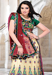 Welcome to the new era of Indian fashion wear. This fawn net lehenga choli is nicely embroidered and patch work done with resham and sequins work in form of floral motifs. The beautiful embroidery on lehenga made it awesome and gives you stylish and attractive look to others. Contrasting dark green choli and red net dupatta is availble with this lehenga. Slight Color variations are possible due to differing screen and photograph resolutions.