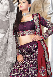 Make your collection more attractive and charming with this impressive dress. This deep purple satin lehenga choli is nicely embroidered and patch work done with resham and sequins work. The beautiful embroidery on lehenga made it awesome and gives you stylish and attractive look to others. Matching choli and red dupatta is availble with this lehenga. Slight Color variations are possible due to differing screen and photograph resolutions.