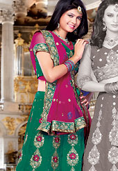 Take a look on the changing fashion of the season. This green satin lehenga choli is nicely embroidered and patch work done with resham, zari and sequins work. The beautiful embroidery on lehenga made it awesome and gives you stylish and attractive look to others. Matching choli and dark pink net dupatta is availble with this lehenga. Slight Color variations are possible due to differing screen and photograph resolutions.
