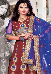 Today’s fashion is really about sensuality which can be seen in this creation. This red satin lehenga choli is nicely embroidered and patch work done with resham, zari and sequins work. The beautiful embroidery on lehenga made it awesome and gives you stylish and attractive look to others. Matching choli and blue net dupatta is availble with this lehenga. Slight Color variations are possible due to differing screen and photograph resolutions.