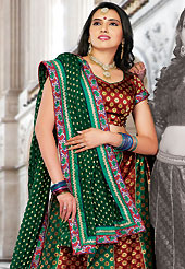 Embroidered lehengas are highly in order on a range of occasions such as wedding, formal party and festivals. This green and red brocade lehenga choli is nicely embroidered and patch work done with resham and sequins work. The beautiful embroidery on lehenga made it awesome and gives you stylish and attractive look to others. Matching choli and dupatta is availble with this lehenga. Slight Color variations are possible due to differing screen and photograph resolutions.