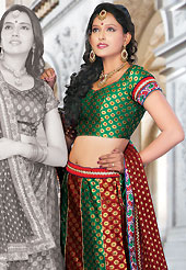 The evolution of style species collection spells pure femininity. This dark green and red brocade lehenga choli is nicely embroidered and patch work done with resham and sequins work. The beautiful embroidery on lehenga made it awesome and gives you stylish and attractive look to others. Matching choli and dupatta is availble with this lehenga. Slight Color variations are possible due to differing screen and photograph resolutions.