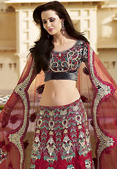 Take a look on the changing fashion of the season. This maroon lehenga choli is nicely embroidered and patch work done with resham, zari, sequins and stone work in form of floral motifs. The beautiful embroidery on lehenga made it awesome and gives you stylish and attractive look to others. Contrasting dark grey embroidery work choli and matching dupatta is availble with this lehenga. Slight Color variations are possible due to differing screen and photograph resolutions.