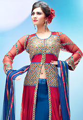 Let your personality speak for you this bridal lehenga embellished with embroidery work. This blue and red viscose lehenga choli is nicely embroidered and velvet patch border is done with resham, sequins and stone work. The beautiful embroidery on lehenga made it awesome and gives you stylish and attractive look to others. Embroidery long jacket style choli and blue net dupatta is availble with this lehenga. Slight Color variations are possible due to differing screen and photograph resolutions.