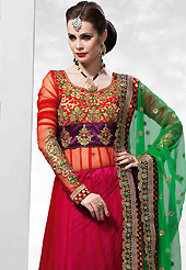 Welcome to the new era of Indian fashion wear. This magenta and red net lehenga is nicely embroidered patch work is done with resham, zari, sequins, stone, kundana and lace work. The beautiful embroidery on lehenga made it awesome and gives you stylish and attractive look to others. Amazing red color net long choli with fabulous work yoke part and green net dupatta is availble with this lehenga. Slight Color variations are possible due to differing screen and photograph resolutions.