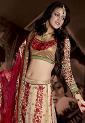 Be the cynosure of all eyes with this wonderful casual wear in flattering colors and combinations. This light fawn and red net lehenga is nicely embroidered patch work is done with resham, zari, sequins, stone and lace work. The beautiful embroidery on lehenga made it awesome and gives you stylish and attractive look to others. Contrasting brown choli, maroon sleeves and maroon net dupatta is availble with this lehenga. Slight Color variations are possible due to differing screen and photograph resolutions.