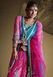 Let your personality speak for you this wedding lehenga embellished with embroidery work. This dark pink lehenga is nicely embroidered patch work is done with resham, zari, sequins, stone and lace work. The beautiful embroidery on lehenga made it awesome and gives you stylish and attractive look to others. Contrasting turquoise blue choli and dark pink and blue net dupatta is availble with this lehenga. Slight Color variations are possible due to differing screen and photograph resolutions.