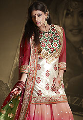It’s cool and has a very modern look to impress all. This peach, pink and red lehenga is nicely embroidered patch work is done with resham, zari, sequins, stone and lace work. The beautiful embroidery on lehenga made it awesome and gives you stylish and attractive look to others. Contrasting light cream and red long choli and green and maroon net dupatta is availble with this lehenga. Slight Color variations are possible due to differing screen and photograph resolutions.