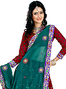 Embroidered lehengas are highly in order on a range of occasions such as wedding, formal party and festivals. This maroon net lehenga is nicely embroidered patch work is done with resham, zari, sequins and stone work. The beautiful embroidery on lehenga made it awesome and gives you stylish and attractive look to others. Matching choli and teal green dupatta is availble with this lehenga. Slight Color variations are possible due to differing screen and photograph resolutions.