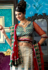 It’s cool and has a very modern look to impress all. This off white net a-line lehenga choli is nicely embroidered patch border is done with resham, zari, sequins, stone and lace work. The beautiful embroidery on lehenga made it awesome and gives you stylish and attractive look to others. Contrasting blue brocade choli and red net dupatta is availble with this lehenga. Slight Color variations are possible due to differing screen and photograph resolutions.