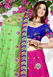 Elegance and innovation of designs crafted for you. This pink net a-line lehenga is nicely embroidered patch work is done with resham and stone work. The beautiful embroidery on lehenga made it awesome and gives you stylish and attractive look to others. Contrasting dark blue choli and light green net dupatta is availble with this lehenga. Slight Color variations are possible due to differing screen and photograph resolutions.