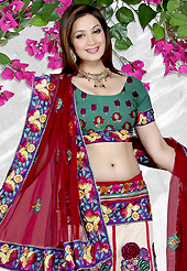 Welcome to the new era of Indian fashion wear. This off white net a-line lehenga is nicely embroidered patch work is done with resham, sequins, stone and lace work. The beautiful embroidery on lehenga made it awesome and gives you stylish and attractive look to others. Contrasting turquoise green choli and maroon net dupatta is availble with this lehenga. Slight Color variations are possible due to differing screen and photograph resolutions.