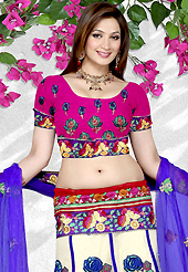 Bold colors created by the inventive drapes of textile catch the imagination like no other contemporary clothing. This white net a-line lehenga is nicely embroidered patch work is done with resham, sequins, stone and lace work. The beautiful embroidery on lehenga made it awesome and gives you stylish and attractive look to others. Contrasting pink choli and blue net dupatta is availble with this lehenga. Slight Color variations are possible due to differing screen and photograph resolutions.