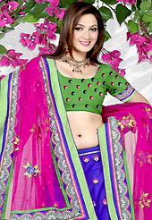 Outfit is a novel ways of getting yourself noticed. This blue net a-line lehenga is nicely embroidered patch work is done with resham, sequins, stone and lace work. The beautiful embroidery on lehenga made it awesome and gives you stylish and attractive look to others. Contrasting green choli and pink net dupatta is availble with this lehenga. Slight Color variations are possible due to differing screen and photograph resolutions.