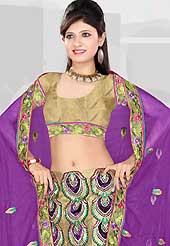 Elegance and innovation of designs crafted for you. This purple and dark beige net and art silk lehenga is nicely embroidered patch work is done with resham, sequins and stone work. The beautiful embroidery on lehenga made it awesome and gives you stylish and attractive look to others. Matching beige choli and purple net dupatta is availble with this lehenga. Slight Color variations are possible due to differing screen and photograph resolutions.