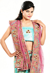 Get ready to sizzle all around you by sparkling lehenga. This aqua blue net lehenga is nicely embroidered patch work is done with cutdana, sequins, stone, beads and cutbeads work. The beautiful embroidery on lehenga made it awesome and gives you stylish and attractive look to others. Matching choli and pink net dupatta is availble with this lehenga. Slight Color variations are possible due to differing screen and photograph resolutions.