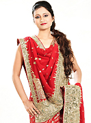 Get ready to sizzle all around you by sparkling lehenga. This red georgette lehenga is nicely embroidered patch work is done with zardosi, cutdana, stone, beads and cutbeads work. The beautiful embroidery on lehenga made it awesome and gives you stylish and attractive look to others. Matching choli and dupatta is availble with this lehenga. Slight Color variations are possible due to differing screen and photograph resolutions.