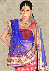 An occasion wear perfect is ready to rock you. This dark pink net a-line lehenga is nicely embroidered patch work is done with resham, zari, stone and lace work. The beautiful embroidery on lehenga made it awesome and gives you stylish and attractive look to others. Matching choli and blue net dupatta is availble with this lehenga. Slight Color variations are possible due to differing screen and photograph resolutions.