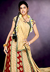 Make your collection more attractive and charming with this impressive dress. A Lehenga made with georgette fabric. This lehenga embellished with stone, sitara and zari work border and chanderi print on all over lehenga. Contrast of red made it stylish and fabulous, gives you a stunning look. Slight Color variations possible due to differing screen and photograph resolutions.