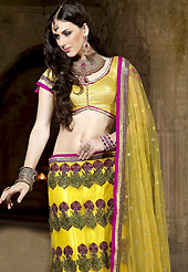 Bold colors created by the inventive drapes of textile catch the imagination like no other contemporary clothing. This yellow net with satin lining fish cut lehenga choli is nicely embroidered with resham, zari, sequins, lace and patch work done in form of floral motiff. Matching shimmer blouse with net dupatta available with this. All over broad embroidered dupion silk patch patti and beautiful embroidery in lehenga is enhancing the beauty of this lehenga. Lehenga waist can be customize upto 42 inches, length 40 inches and the bust size is upto 40 inches. As shown lehenga is available. Accessories shown in the image is just for photography purpose. Slight color variations are possible due to differing screen and photograph resolution.