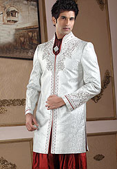 Its cool and have a very modern look to impress all. This sherwani made with pure banarasi fabric. This sherwani embellished with cutdana, beads, pearls and stones. The beautiful heavy embroidery on collar, front and cuff made it awesome and gives you stylish and attractive look to others. Slight Color variations possible due to differing screen and photograph resolutions.