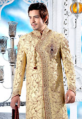 Its cool and have a very modern look to impress all. This cream maharaja angrakha style sherwani embellished with swarowski, stones, heavy zardosi, cutdana and patch work. The beautiful heavy embroidery on front border, collar, back and cuffs made it awesome and gives you stylish and attractive look to others. Contrasting churidar is enhanced your personality. This sherwani made with cotton silk fabric. Accessories shown in the image is just for photography purpose. Slight Color variations are possible due to differing screen and photograph resolutions.