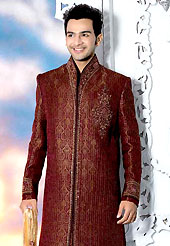 Today fashion is really about sensuality which can be seen in this creation. This maroon sherwani embellished with sequins, beads, stone, cutdana zardosi and patch work. The beautiful heavy embroidery on front border, collar, back and cuffs made it awesome and gives you stylish and attractive look to others. Contrasting churidar is enhanced your personality. This sherwani made with jacquard fabric. Accessories shown in the image is just for photography purpose. Slight Color variations are possible due to differing screen and photograph resolutions.