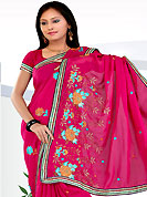 Try out this year top trend, glowing, bold and natural collection. This purple saree have beautiful embroidery work which is embellished with resham and zari work in form of floral motifs. Beautiful embroidery patch work border on saree make attractive to impress all. This beautiful drape is crafted with georgette fabric. Matching blouse is available. This saree is also available in red, green, pink, peach, aqua, orange, voilet colors. Slight Color variations are possible due to differing screen and photograph resolutions.