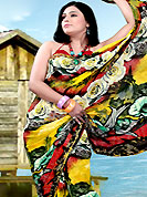 The evolution of style species collection spells pure femininity. This saree is nicely designed with flower print work in fabulous style. This beautiful saree is used for festival and casual porpose which gives you a singular and dissimilar look. This saree is made with faux georgette fabric. Matching blouse is available with this saree. Slight Color variations are possible due to differing screen and photograph resolutions.