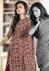 Be the cynosure of all eyes with this wonderful casual wear in flattering colors and combinations. This maroon faux georgette saree is nicely designed with embroidered and patch work in fabulous style. Embroidery is done with resham, zari, sequins, stone, cutdana, beads, kasab and cut moti work in form of floral motifs. Beautiful embroidery work on saree make attractive to impress all. This saree gives you a modern and different look in fabulous style. Matching blouse is available with this saree. Slight color variations are possible due to differing screen and photograph resolution.