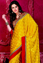 Different colors are a perfect blend of traditional Indian heritage and contemporary artwork. This yellow saree is nicely designed with embroidered patch work in fabulous style. Embroidery is done with self weaving and zari work in form of floral motifs. This beautiful saree is used for casual and festival porpose which gives you a singular and dissimilar look. Color blend of this saree is nice. This saree is made with crepe fabric. Contrasting red blouse is available with this saree. Slight color variations possible due to differing screen and photograph resolution.