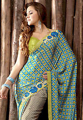 It is color this season and bright shaded suits are really something that is totally in vogue. This turquoise blue, olive green and grey crepe saree is simply designed with floral, dot print, resham and patch work. This beautiful saree is used for casual porpose which gives you a singular and dissimilar look. Color blend of this saree is nice. Matching blouse is available with this saree. Slight color variations possible due to differing screen and photograph resolution.