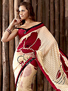 Try out this year top trend, glowing, bold and natural collection. This cream and red chiffon saree is simply designed with flower, stripe print, sequins and patch work. This beautiful saree is used for casual porpose which gives you a singular and dissimilar look. Color blend of this saree is nice. Matching blouse is available with this saree. Slight color variations possible due to differing screen and photograph resolution.