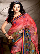 Try out this year top trend, glowing, bold and natural collection. This light red and olive green faux georgette saree have beautiful stripe print and embroidery patch work which is embellished with resham work in floral motifs. Fabulous designed embroidery gives you an ethnic look and increasing your beauty. Matching blouse is available. This saree is also available in A Turquoise Green and Purple, B Orange and Red, C Light Green and Blue colors. Slight Color variations are possible due to differing screen and photograph resolutions.